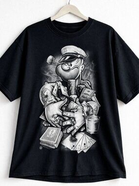 Popeye Graphic Tee XL Black Vintage Style Streetwear Grunge Cartoon T Shirt Worn